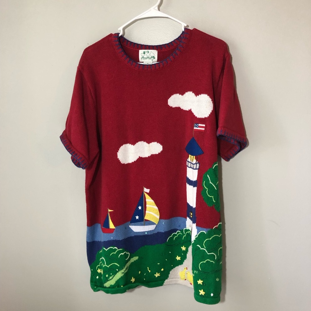 Quacker Factory red nautical short sleeve pullover sweater XL lighthouse sailing